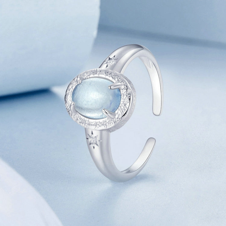 S925 Sterling Silver Platinum-plated Natural Blue Sea Sapphire Open Ring - BSR579-E