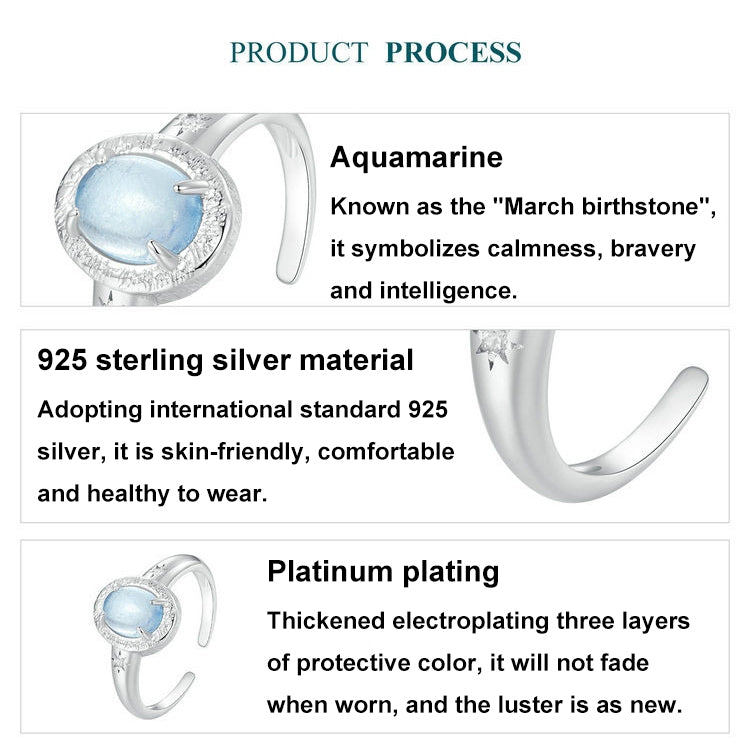 S925 Sterling Silver Platinum-plated Natural Blue Sea Sapphire Open Ring - BSR579-E