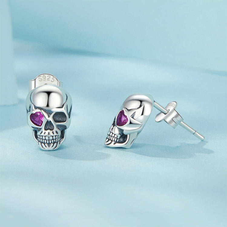 S925 Sterling Silver Oxidized Dark Style Skull Earrings Halloween Earrings - SCE1771