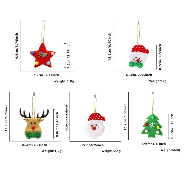 5pcs /Bag Christmas Tree Pendant Cartoon Santa Claus Elk Snowman Pentagram Plush Dolls Hanging Ornaments