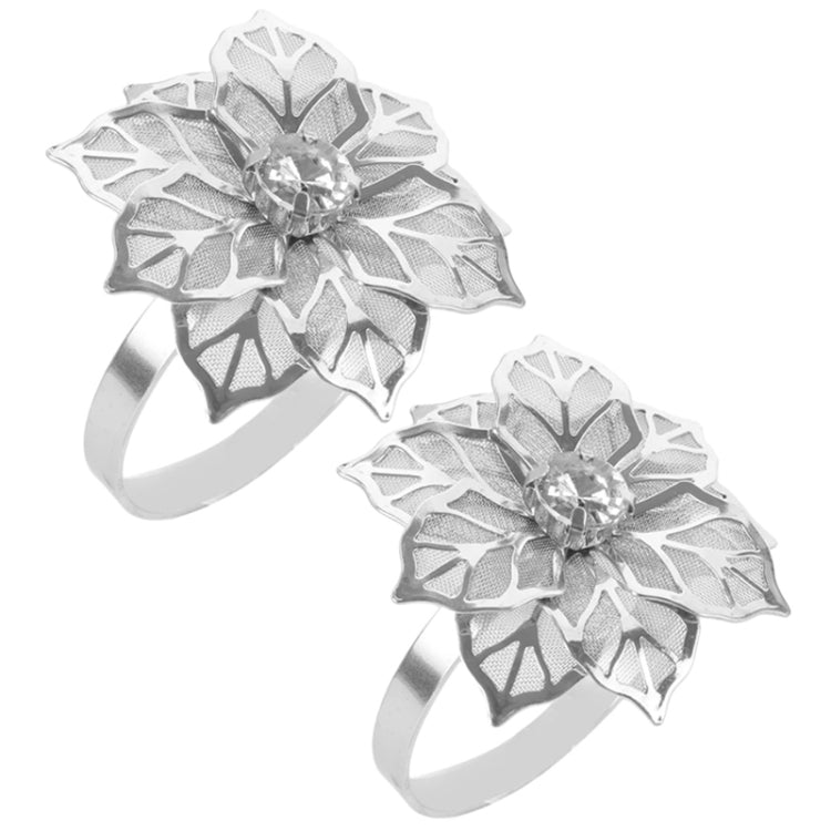2pcs Alloy Napkin Ring Flower Rhinestone Design Napkin Buckle Wedding Party Dinner Table Decoration