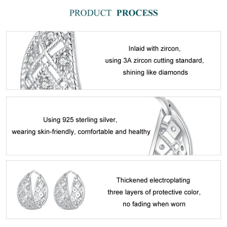 S925 Sterling Silver Platinum Zircon Vintage Lace Pattern Hollow Earrings - BSE1035