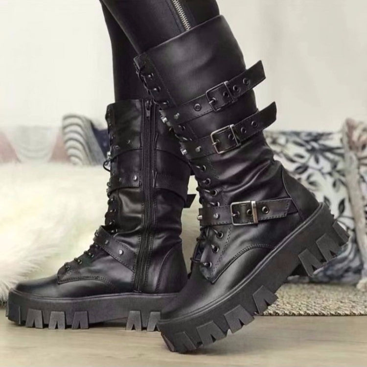 Fall Winter Women Thick Bottom Leather Boots Mid Calf Lace-up Side Zipper Botas, Size: 36