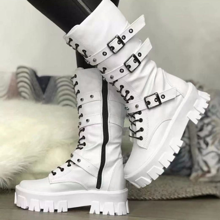 Fall Winter Women Thick Bottom Leather Boots Mid Calf Lace-up Side Zipper Botas, Size: 36