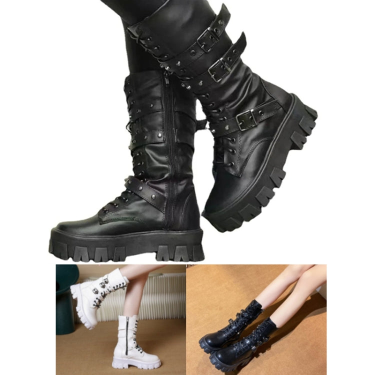 Fall Winter Women Thick Bottom Leather Boots Mid Calf Lace-up Side Zipper Botas, Size: 42