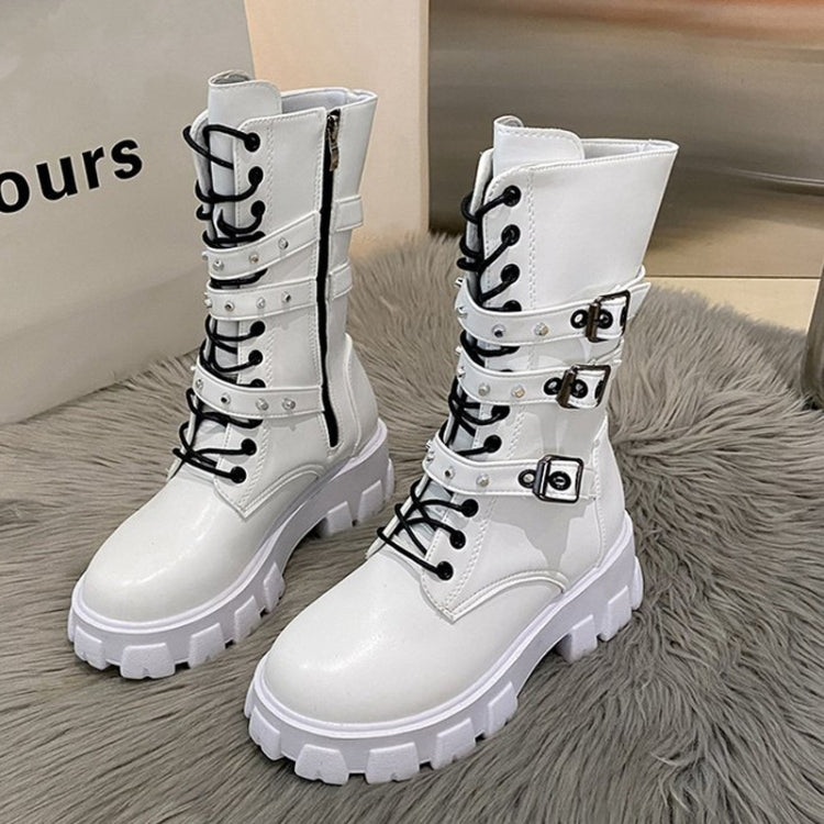 Fall Winter Women Thick Bottom Leather Boots Mid Calf Lace-up Side Zipper Botas, Size: 36