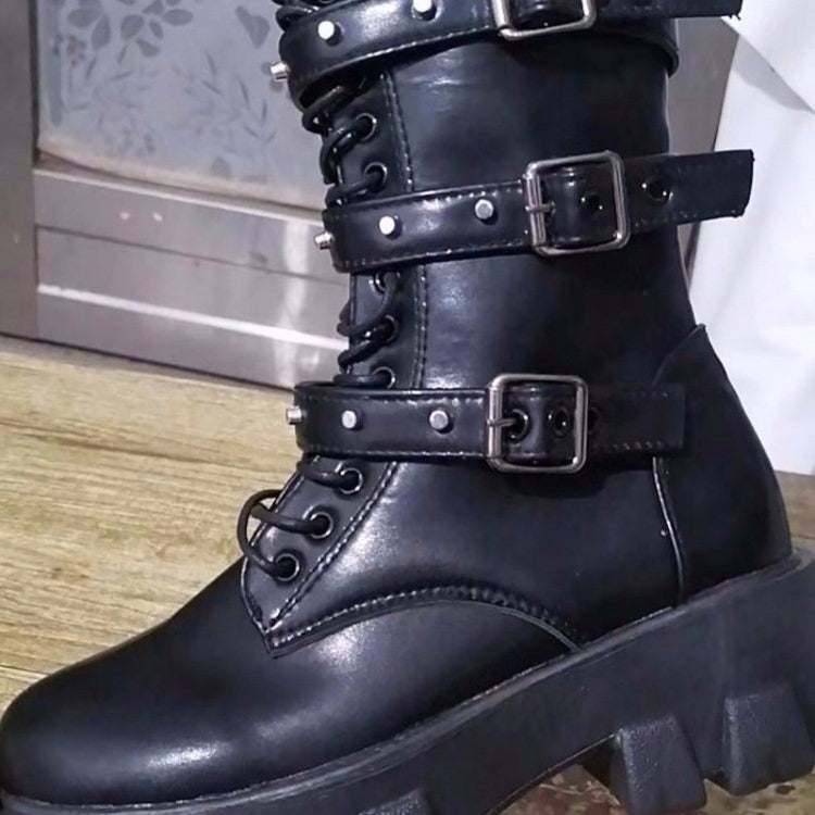 Fall Winter Women Thick Bottom Leather Boots Mid Calf Lace-up Side Zipper Botas, Size: 42