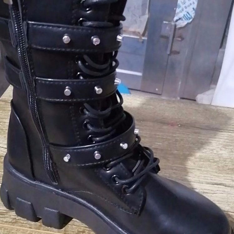 Fall Winter Women Thick Bottom Leather Boots Mid Calf Lace-up Side Zipper Botas, Size: 42