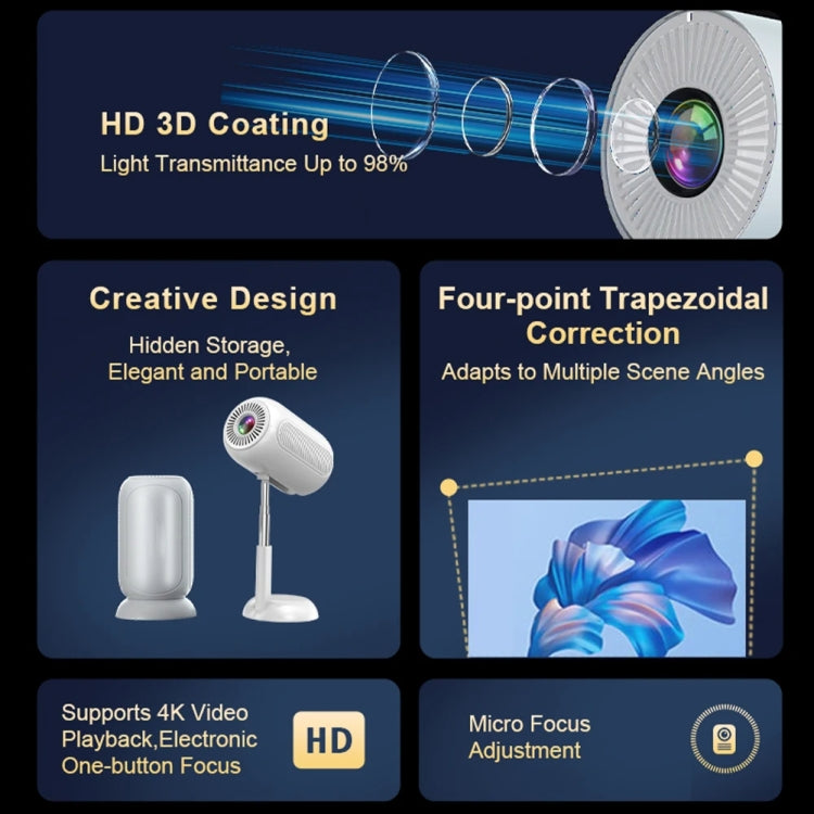 TS-6 Android 11 WiFi6 4K Mini Projector Hidden Lift Gimbal Projector AU Plug - White