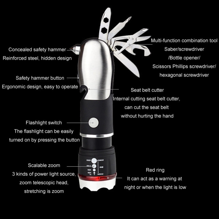 Outdoor Window Breaking Escape Safety Hammer Emergency Flashlight - Black White