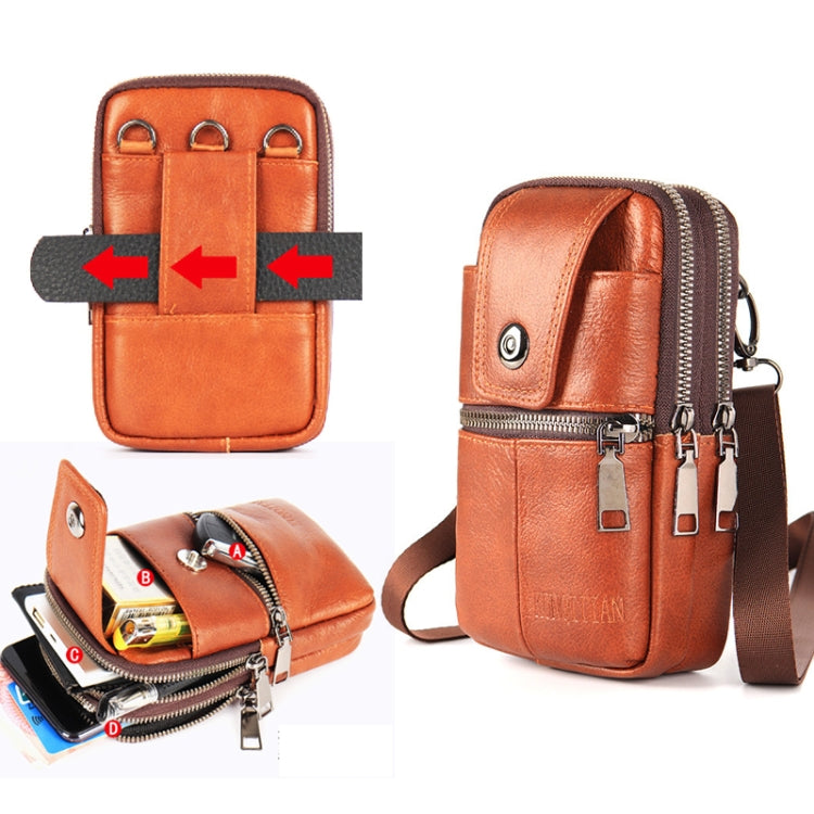 KUNQITIAN Mobile Phone Waist Bag Belt Leather Case With Shoulder Strap, Size: L - Brown Yellow