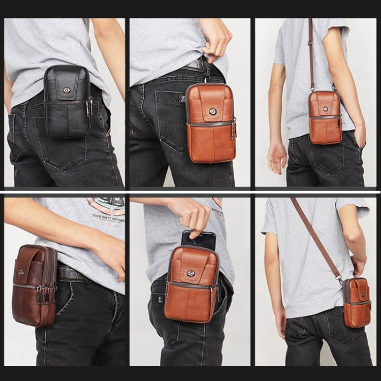 KUNQITIAN Mobile Phone Waist Bag Belt Leather Case With Shoulder Strap, Size: L - Brown Yellow