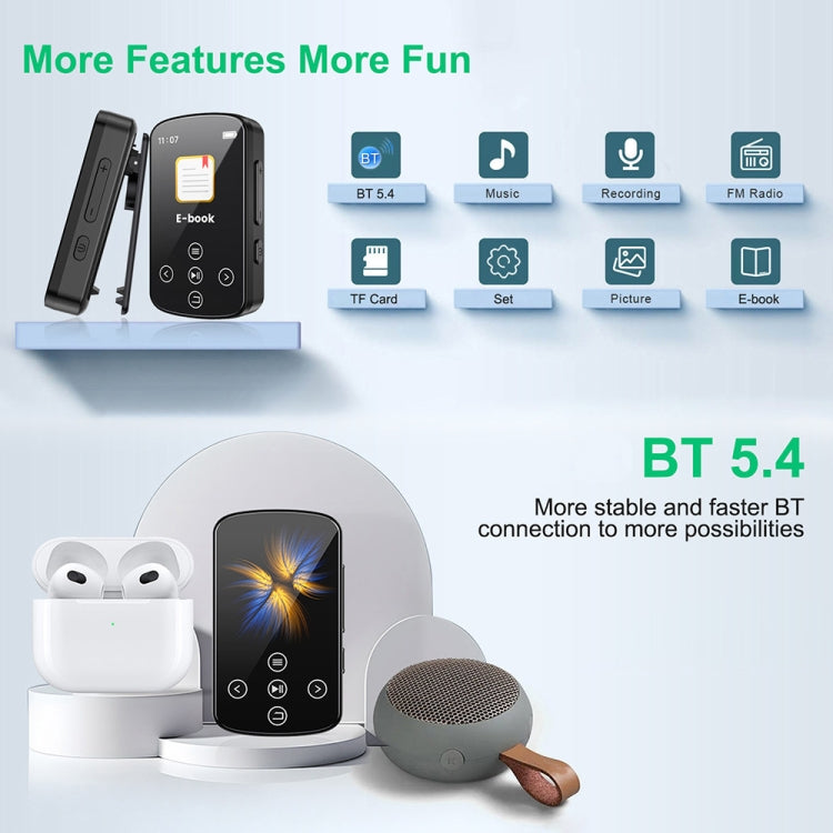 MP3 Bluetooth Music Player HIFI Sports Clip Touch Screen MP4, Memory: 32GB - Black
