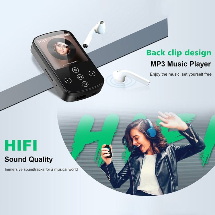 MP3 Bluetooth Music Player HIFI Sports Clip Touch Screen MP4, Memory: 128GB - Black
