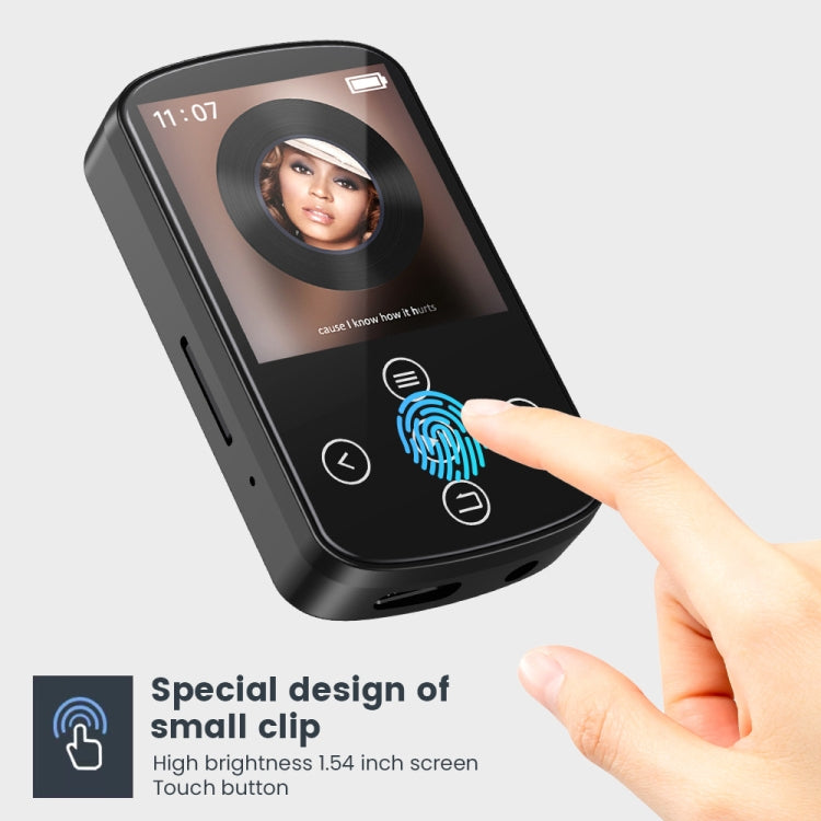 MP3 Bluetooth Music Player HIFI Sports Clip Touch Screen MP4, Memory: 16GB - Black