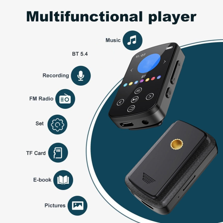 MP3 Bluetooth Music Player HIFI Sports Clip Touch Screen MP4, Memory: 64GB - Black