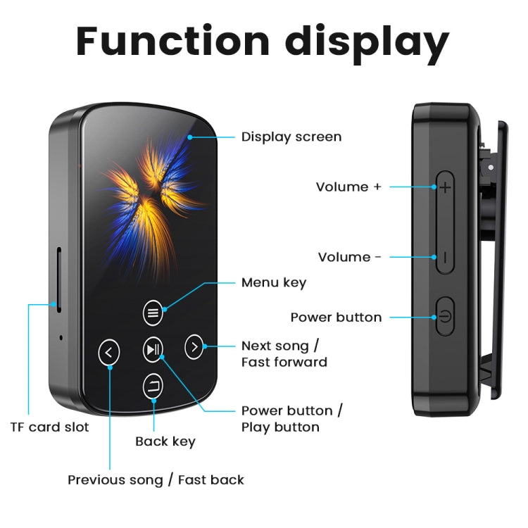 MP3 Bluetooth Music Player HIFI Sports Clip Touch Screen MP4, Memory: 32GB - Black