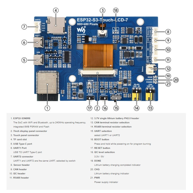Waveshare ESP32-S3 7-Inch 800 X 480 Touch Display Development Board - 27078