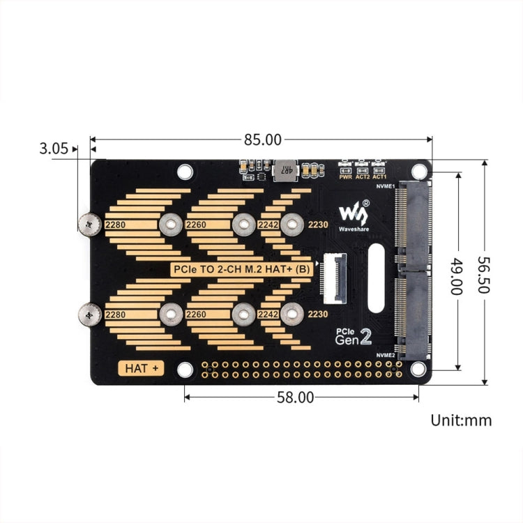 Waveshare For Raspberry Pi 5 PCIe To 2-Ch M.2 Adapter Type B NVMe Protocol - 27710