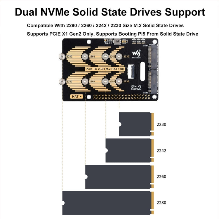 Waveshare For Raspberry Pi 5 PCIe To 2-Ch M.2 Adapter Type B NVMe Protocol - 27710