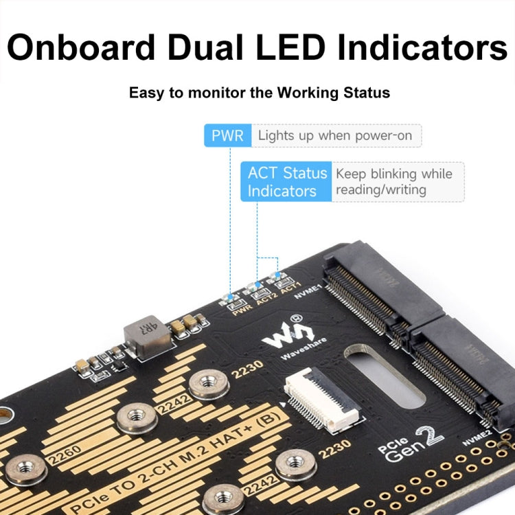 Waveshare For Raspberry Pi 5 PCIe To 2-Ch M.2 Adapter Type B NVMe Protocol - 27710