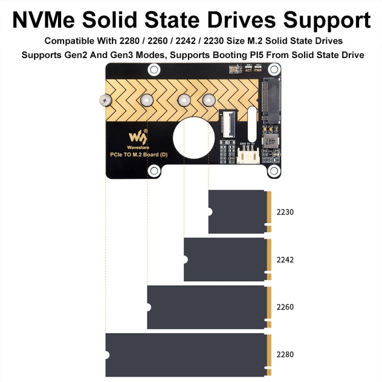 Waveshare For Raspberry Pi 5 PCIe To M.2 Adapter Board Support NVMe Protocol - 27709