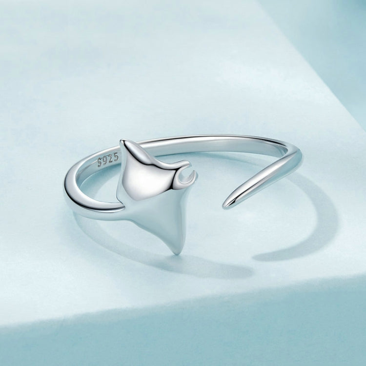 S925 Sterling Silver Platinum-Plated Ocean Manta Ray Adjustable Open Ring - SCR1037-E