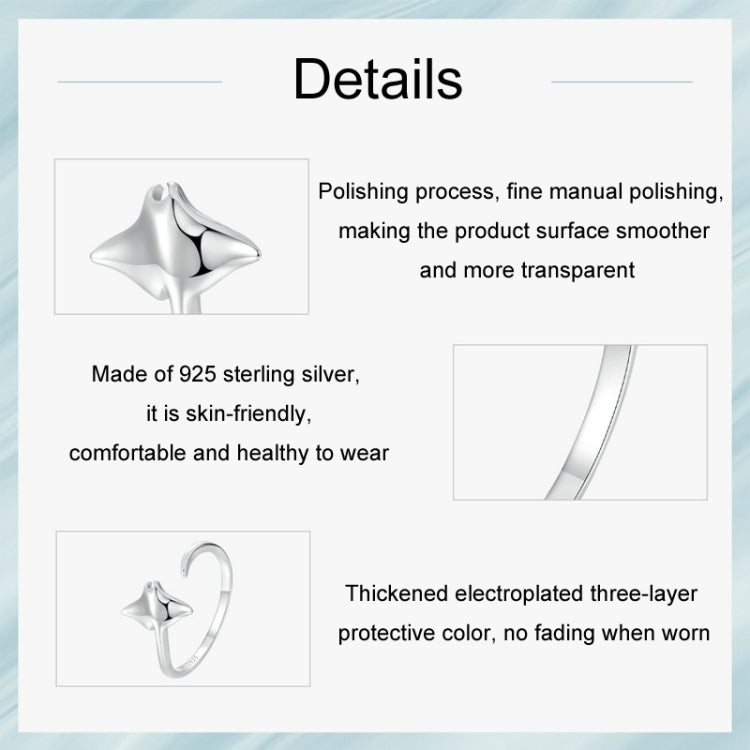 S925 Sterling Silver Platinum-Plated Ocean Manta Ray Adjustable Open Ring - SCR1037-E