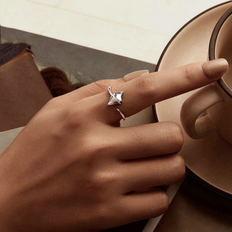 S925 Sterling Silver Platinum-Plated Ocean Manta Ray Adjustable Open Ring - SCR1037-E