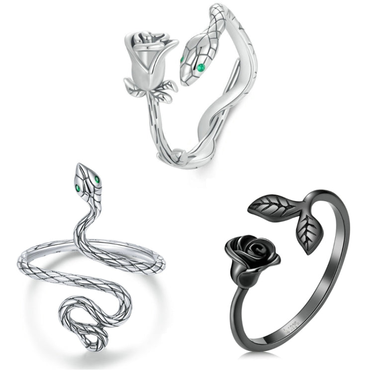 S925 Sterling Silver Platinum-plated Snake Rose Open Ring, Model: BSR199