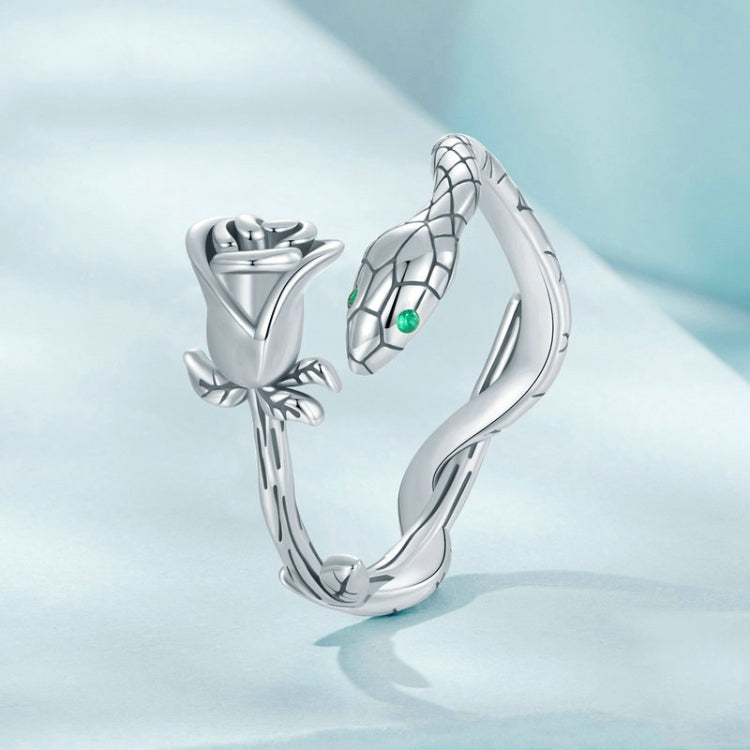 S925 Sterling Silver Platinum-plated Snake Rose Open Ring, Model: SCR1041-E