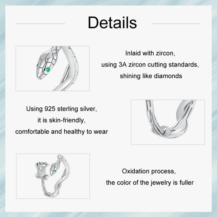 S925 Sterling Silver Platinum-plated Snake Rose Open Ring, Model: SCR1041-E