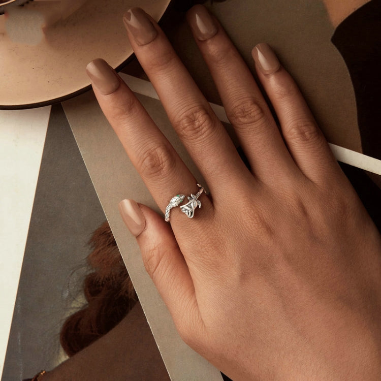 S925 Sterling Silver Platinum-plated Snake Rose Open Ring, Model: BSR199