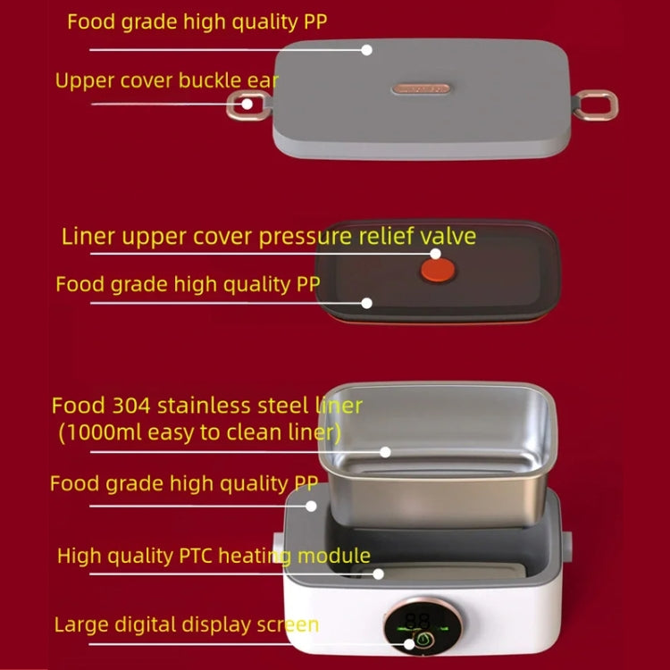 1000ml USB Rechargeable Lunch Box Wireless Heating Bento Box Timing Adjustment - White