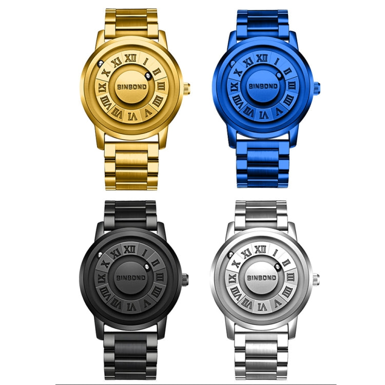 BINBOND B234 30m Waterproof Magnetic Suspension Watch, Color: Black Leather-Full Gold-Gold