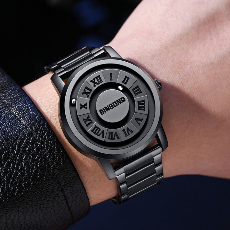 BINBOND B234 30m Waterproof Magnetic Suspension Watch, Color: Black Leather-Full Gold-Gold