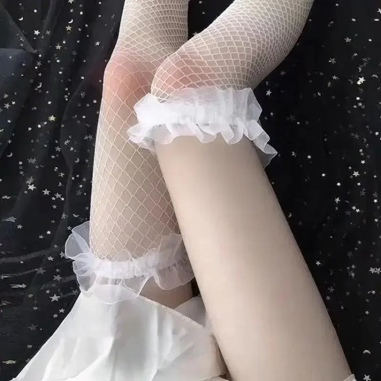 Sexy Lace Mesh Stockings Women Lolita Over Knee High Long Sock Hollow Fishnet Pantyhose, Size: Average - White