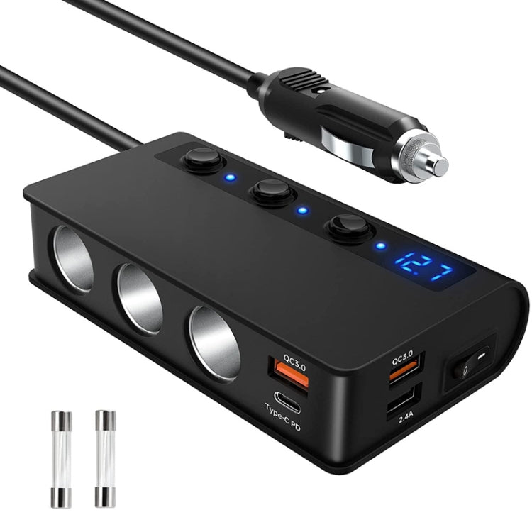 TR24 Car Cigarette Lighter One To Three With Switch 180W High Power Fast Charger - Black PD Version