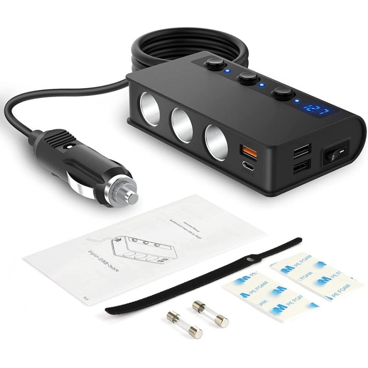 TR24 Car Cigarette Lighter One To Three With Switch 180W High Power Fast Charger - Black PD Version
