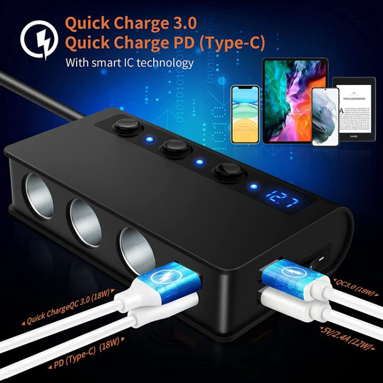 TR24 Car Cigarette Lighter One To Three With Switch 180W High Power Fast Charger - Black PD Version