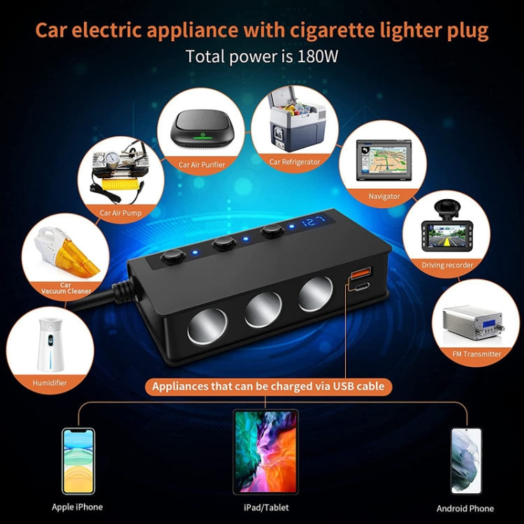 TR24 Car Cigarette Lighter One To Three With Switch 180W High Power Fast Charger - Black PD Version