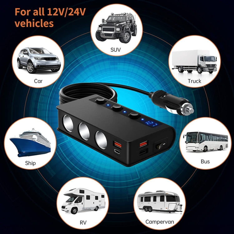 TR24 Car Cigarette Lighter One To Three With Switch 180W High Power Fast Charger - Black PD Version