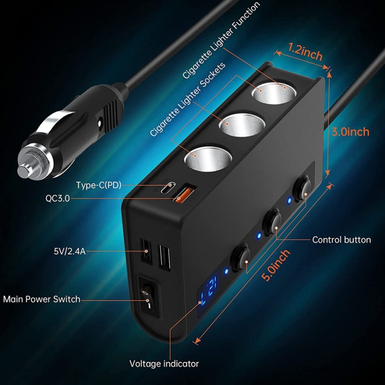 TR24 Car Cigarette Lighter One To Three With Switch 180W High Power Fast Charger - Black PD Version