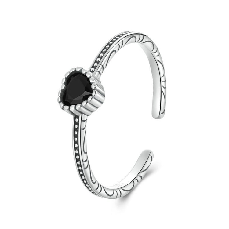 S925 Sterling Silver Oxidized Heart Of The Night Open Ring Adjustable Heart-shaped Ring - SCR1074-E