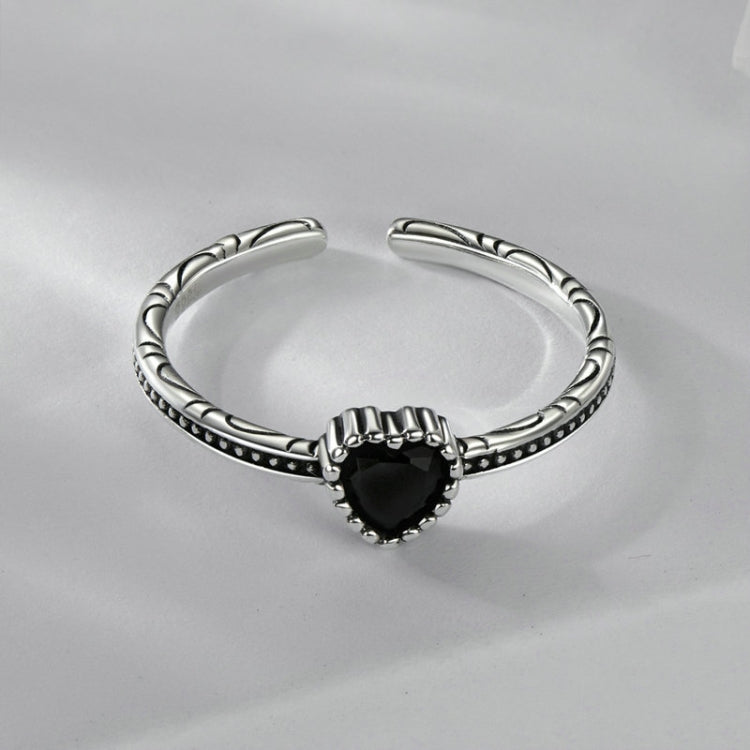 S925 Sterling Silver Oxidized Heart Of The Night Open Ring Adjustable Heart-shaped Ring - SCR1074-E