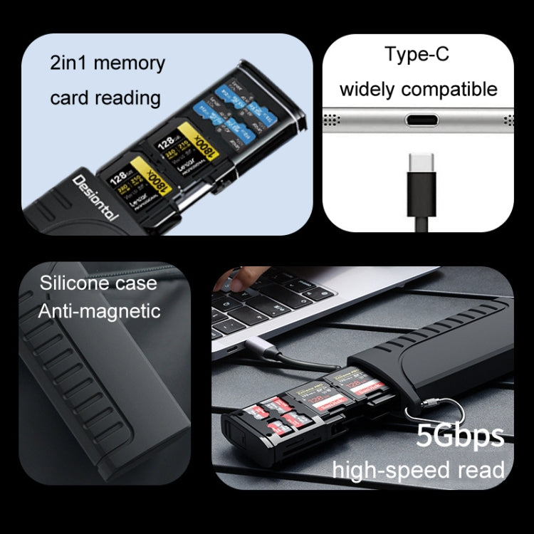 Desiontal DK10 Portable High-Speed Computer Phone Read / Write 2 In 1 Card Reader Large Capacity Flash Card Case - Black