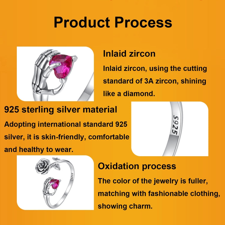 S925 Sterling Silver Rose Skull Hand Open Ring Adjustable Ring - BSR606-E
