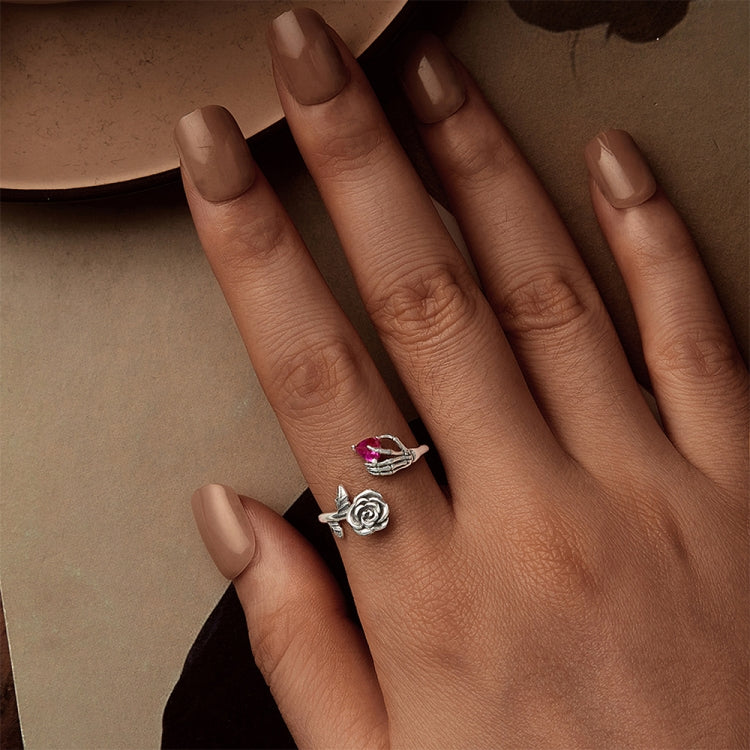 S925 Sterling Silver Rose Skull Hand Open Ring Adjustable Ring - BSR606-E