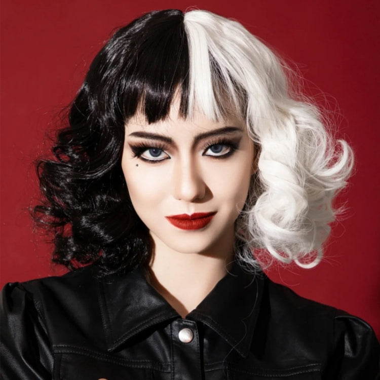 Cosplay Cool Wigs Natural Breathable Head Cover Ladies Short Curl Wig Hat - Black White