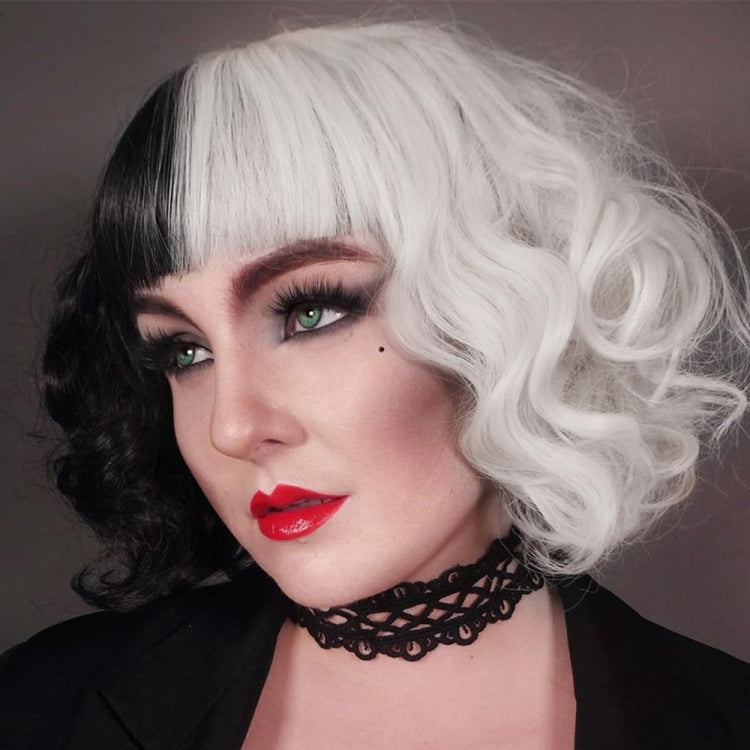 Cosplay Cool Wigs Natural Breathable Head Cover Ladies Short Curl Wig Hat - Black White